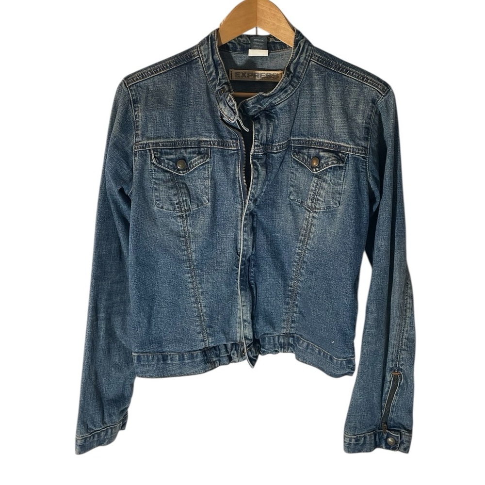 A1- Large Express Distressed Blue Denim Jacket with Stand Collar